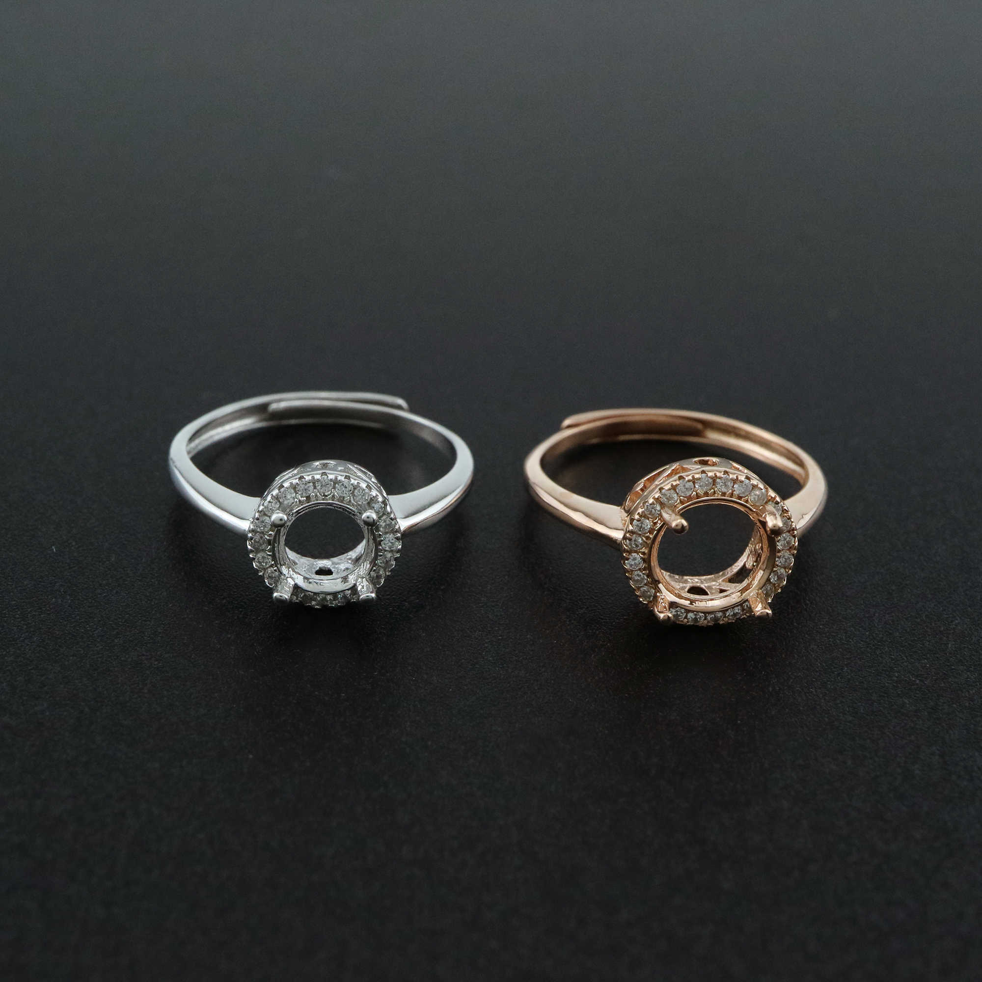 1Pcs 6.5-9MM Halo Round Prong Bezel Rose Gold Plated Solid 925 Sterling Silver Adjustable Ring Settings for Moissanite Gemstone DIY Supplies 1210054 - Click Image to Close